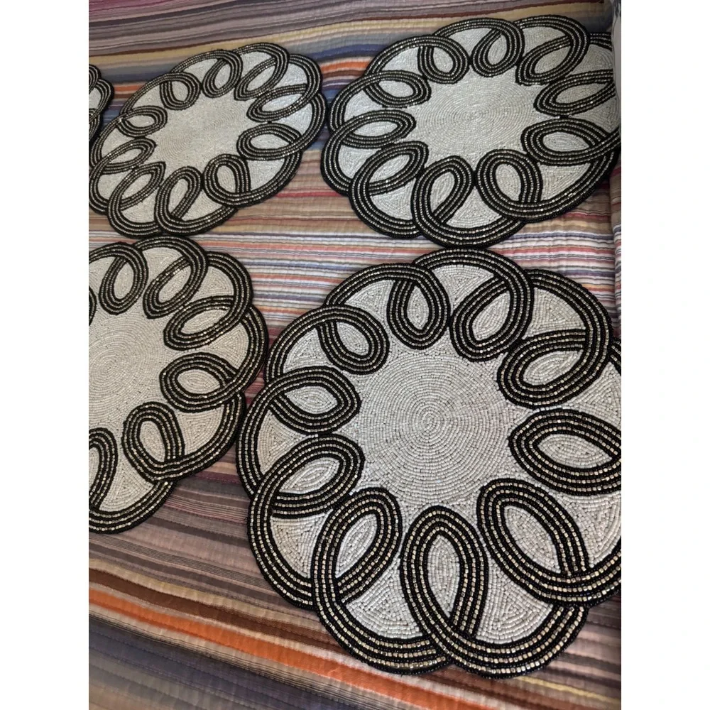 MacKenzie-Childs Beaded Placemats Set of 6 Black White Gold Round 15
